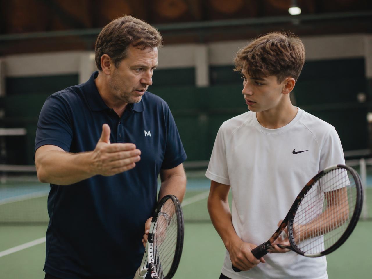 Tennistränare instruerar en ung spelare på banan